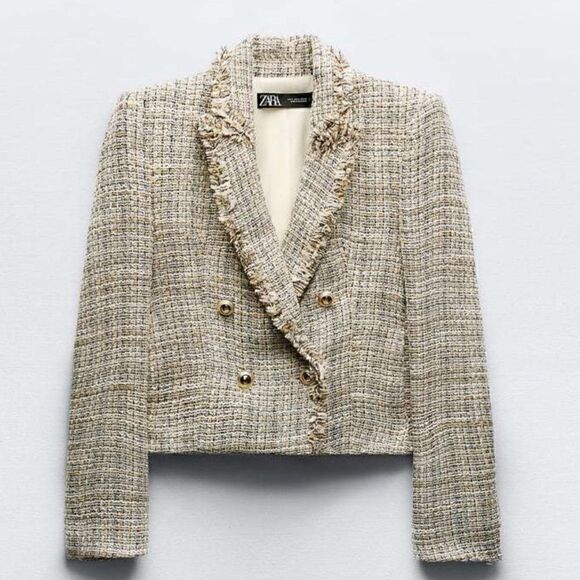 ZARA Double Breasted Tweed Weave Cropped Jacket - Picture 8 of 16